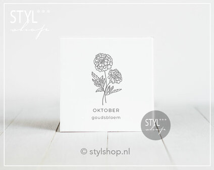 tegeltje geboortebloem oktober goudsbloem cadeau spreuk woondecoratie zwart wit uniek kraamcadeau