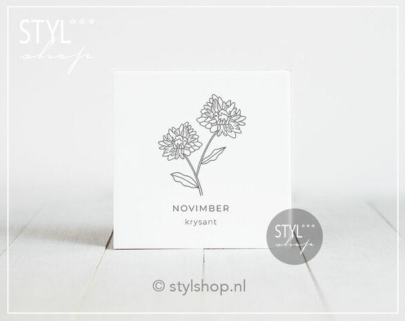 tegeltje geboortebloem novimber november chrysant krysant cadeau spreuk woondecoratie zwart wit uniek kraamcadeau geboorte frie