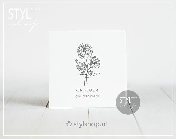 tegeltje geboortebloem oktober goudsbloem cadeau spreuk woondecoratie zwart wit uniek kraamcadeau